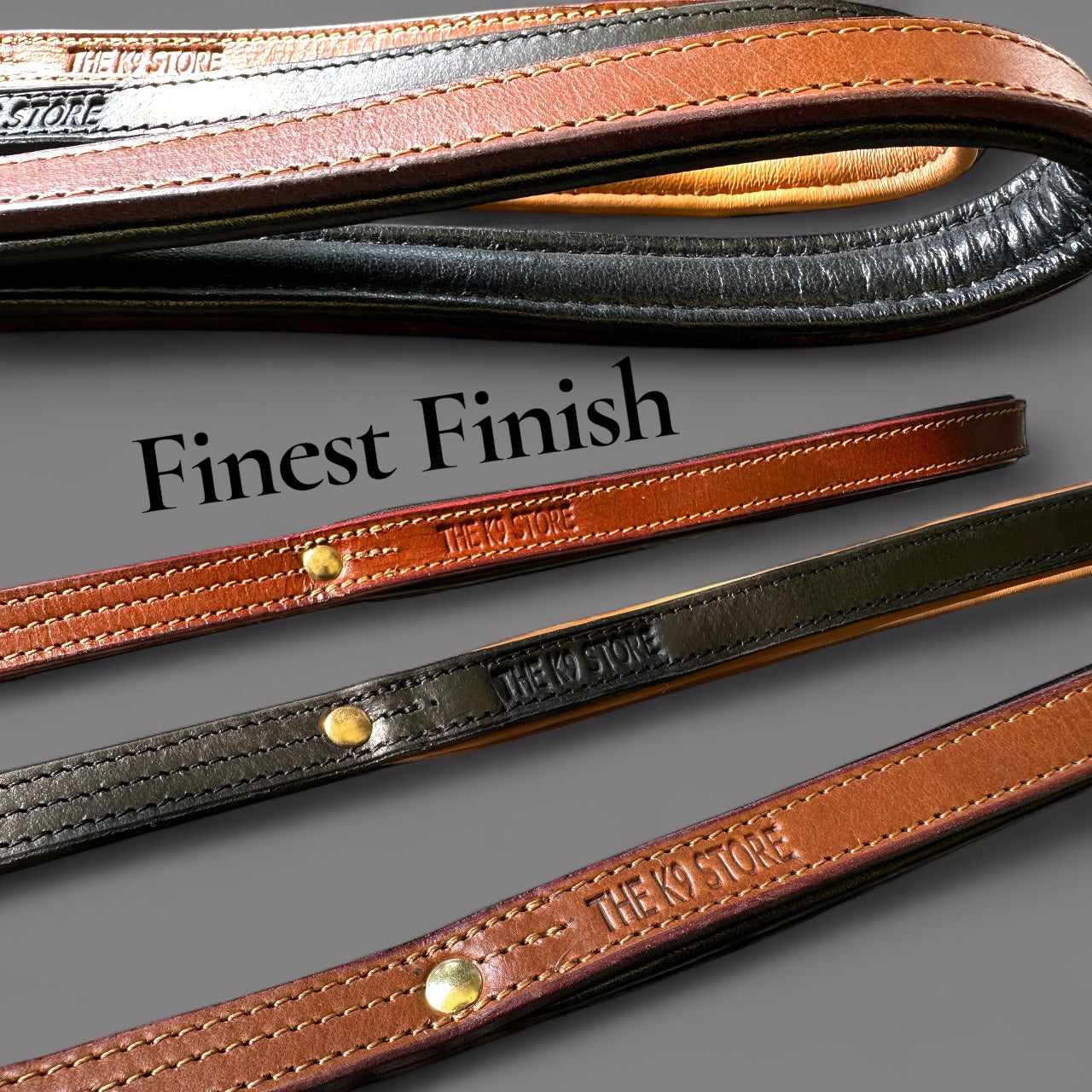 THE K9 STORE Premium 100% Genuine Leather Short Handle for Dogs | Handcrafted 17 Inch Training Leash with Brass Hook | Cushioned Grip | Heavy Duty | 3-Stitched & Hand-Entangled Designs | Tan, Black, Chocolate