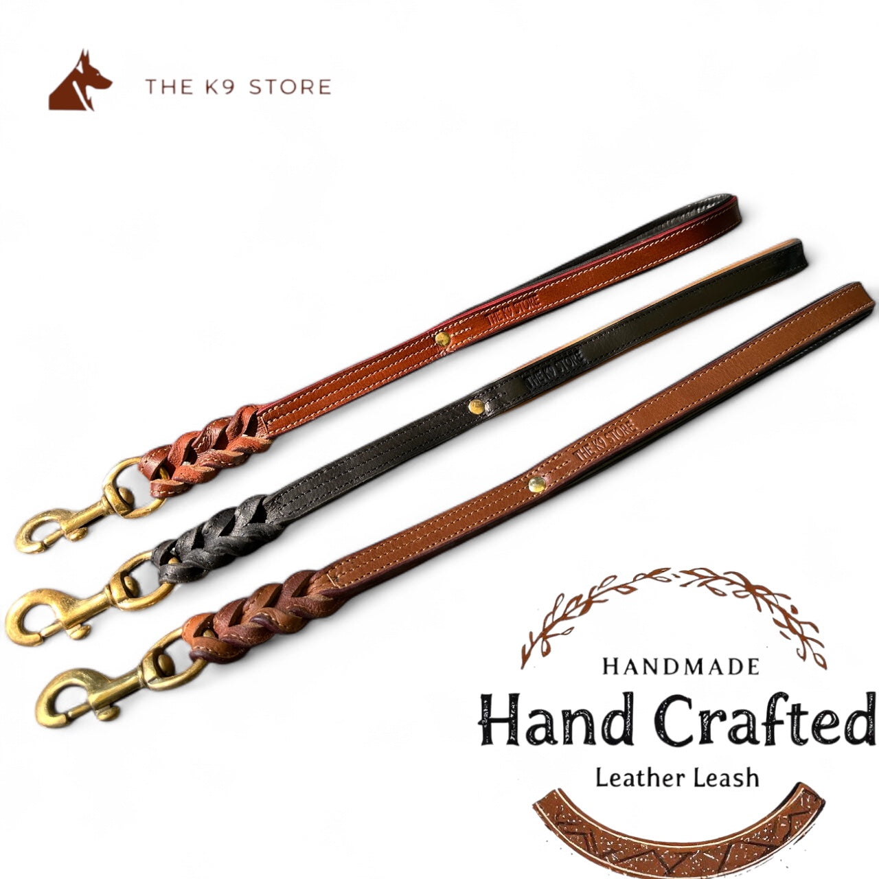THE K9 STORE Premium 100% Genuine Leather Short Handle for Dogs | Handcrafted 17 Inch Training Leash with Brass Hook | Cushioned Grip | Heavy Duty | 3-Stitched & Hand-Entangled Designs | Tan, Black, Chocolate