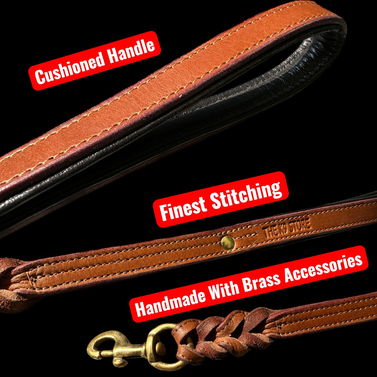 THE K9 STORE Premium 100% Genuine Leather Short Handle for Dogs | Handcrafted 17 Inch Training Leash with Brass Hook | Cushioned Grip | Heavy Duty | 3-Stitched & Hand-Entangled Designs | Tan, Black, Chocolate