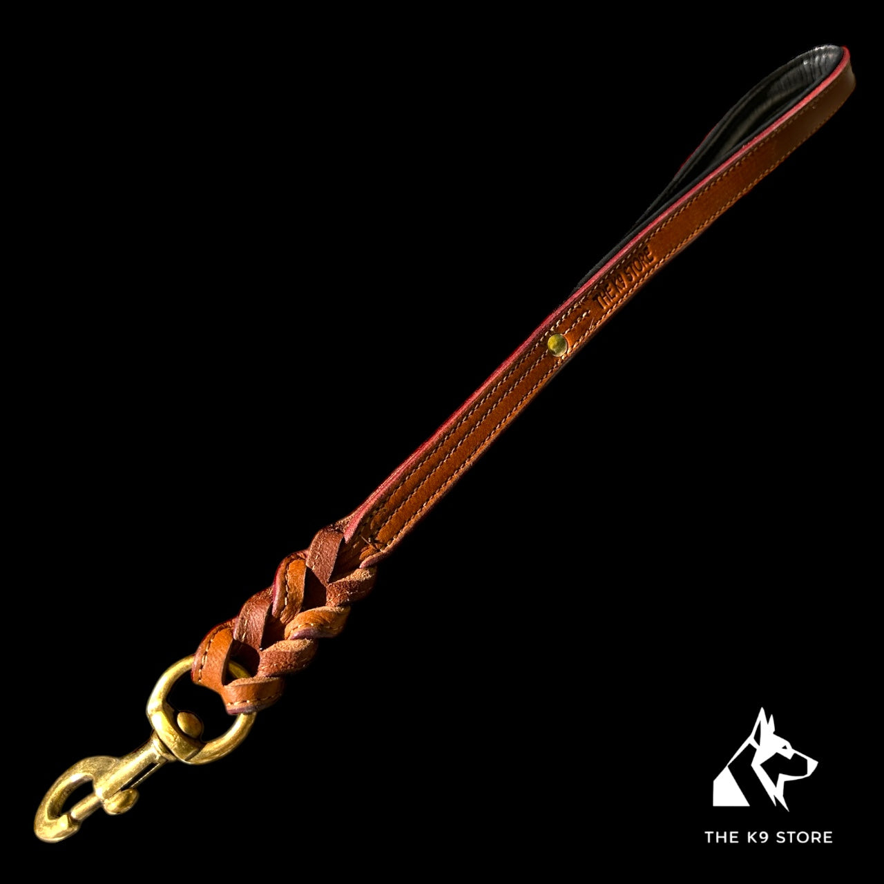 THE K9 STORE Premium 100% Genuine Leather Short Handle for Dogs | Handcrafted 17 Inch Training Leash with Brass Hook | Cushioned Grip | Heavy Duty | 3-Stitched & Hand-Entangled Designs | Tan, Black, Chocolate