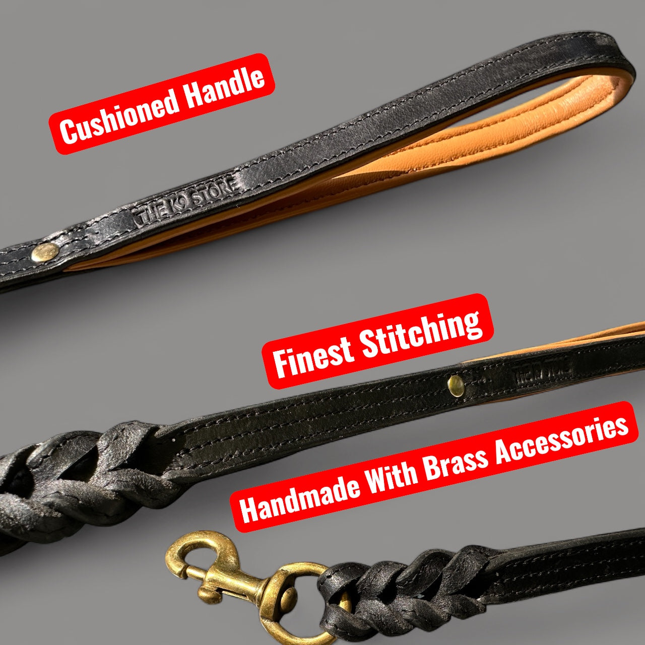 THE K9 STORE Premium 100% Genuine Leather Short Handle for Dogs | Handcrafted 17 Inch Training Leash with Brass Hook | Cushioned Grip | Heavy Duty | 3-Stitched & Hand-Entangled Designs | Tan, Black, Chocolate