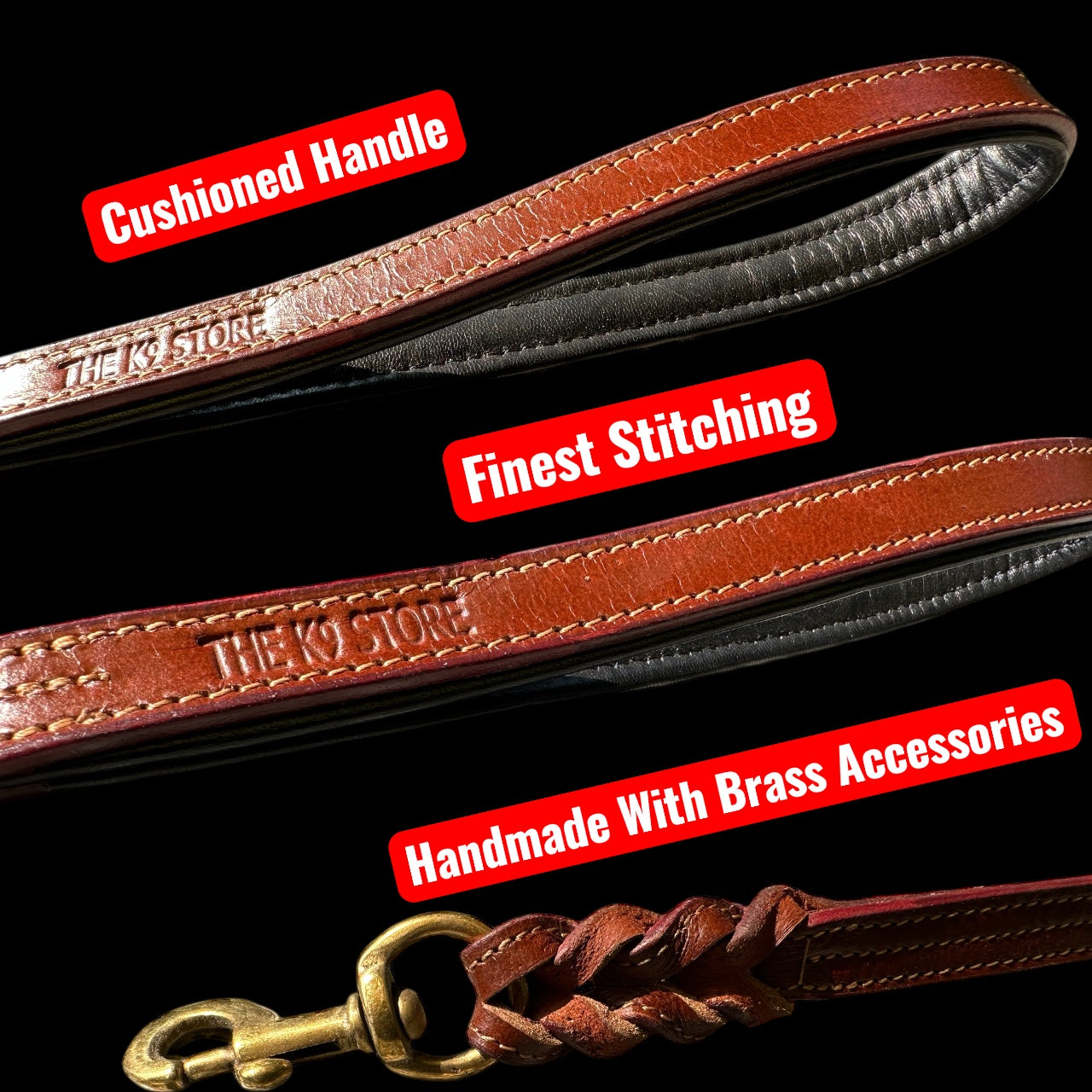 THE K9 STORE Premium 100% Genuine Leather Short Handle for Dogs | Handcrafted 17 Inch Training Leash with Brass Hook | Cushioned Grip | Heavy Duty | 3-Stitched & Hand-Entangled Designs | Tan, Black, Chocolate