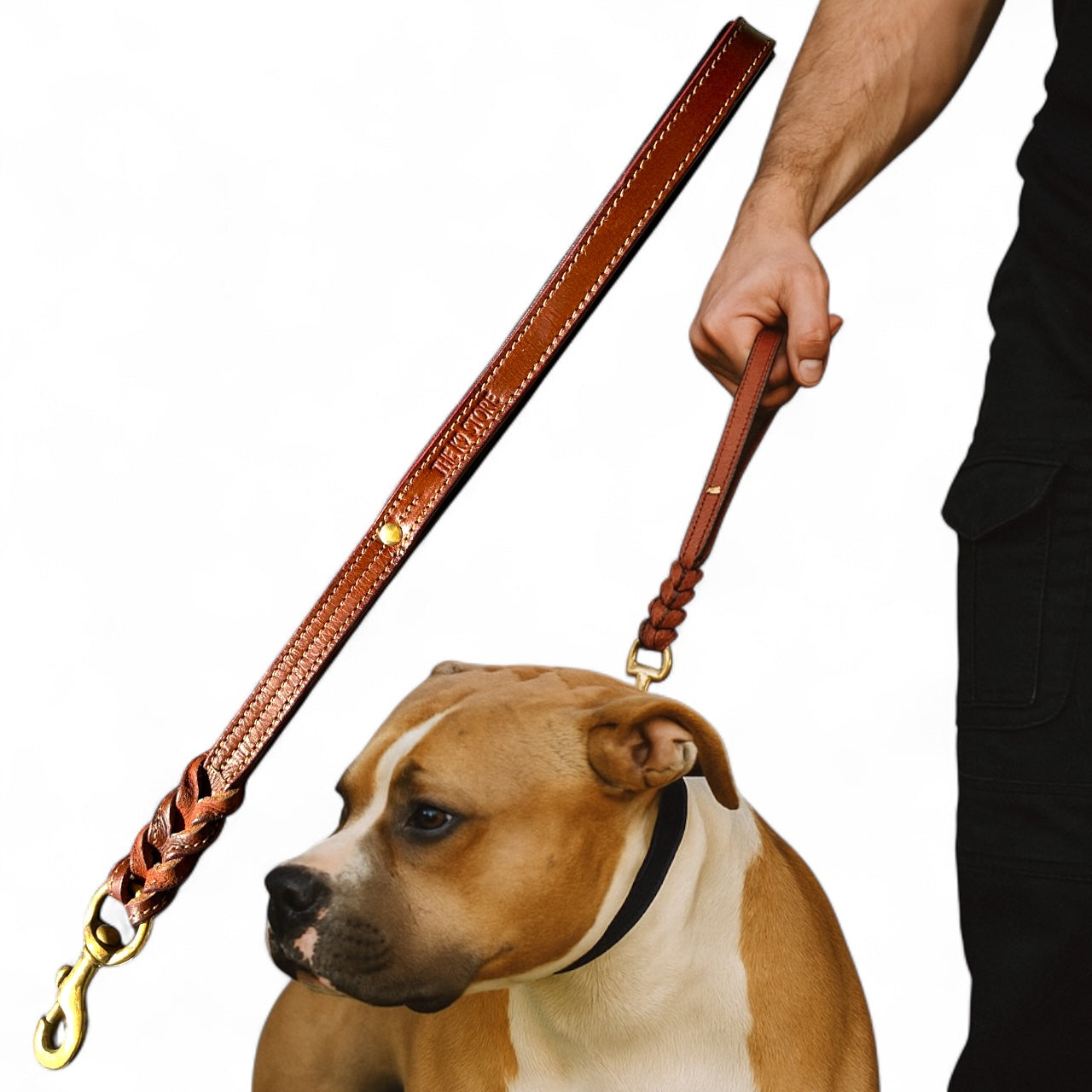 THE K9 STORE Premium 100% Genuine Leather Short Handle for Dogs | Handcrafted 17 Inch Training Leash with Brass Hook | Cushioned Grip | Heavy Duty | 3-Stitched & Hand-Entangled Designs | Tan, Black, Chocolate