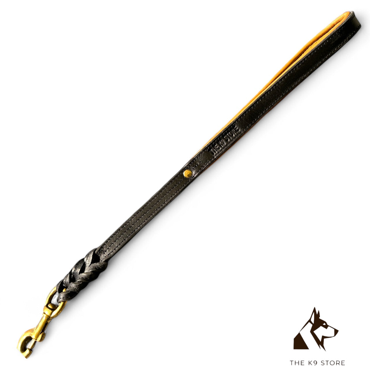 THE K9 STORE Premium 100% Genuine Leather Short Handle for Dogs | Handcrafted 17 Inch Training Leash with Brass Hook | Cushioned Grip | Heavy Duty | 3-Stitched & Hand-Entangled Designs | Tan, Black, Chocolate