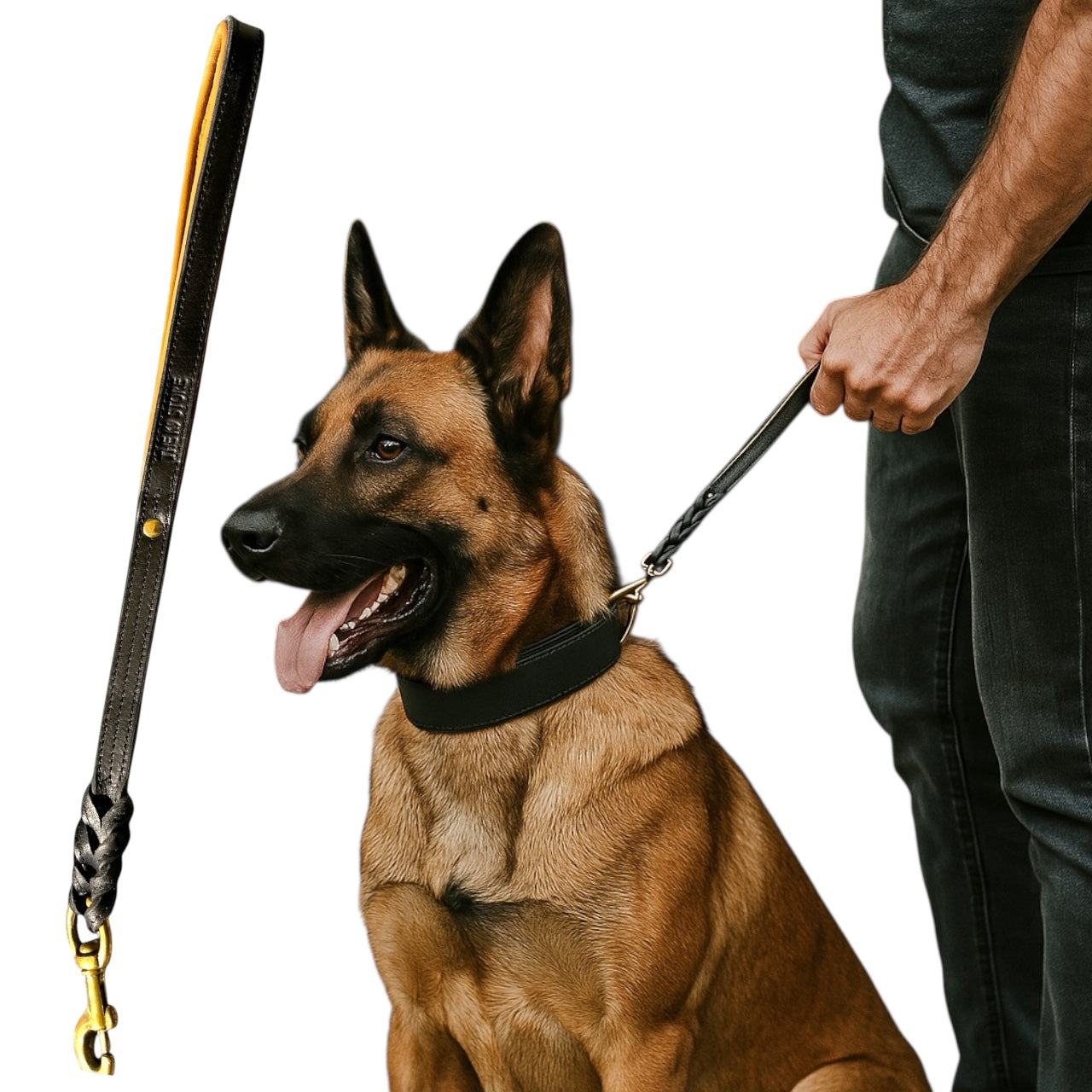 THE K9 STORE Premium 100% Genuine Leather Short Handle for Dogs | Handcrafted 17 Inch Training Leash with Brass Hook | Cushioned Grip | Heavy Duty | 3-Stitched & Hand-Entangled Designs | Tan, Black, Chocolate