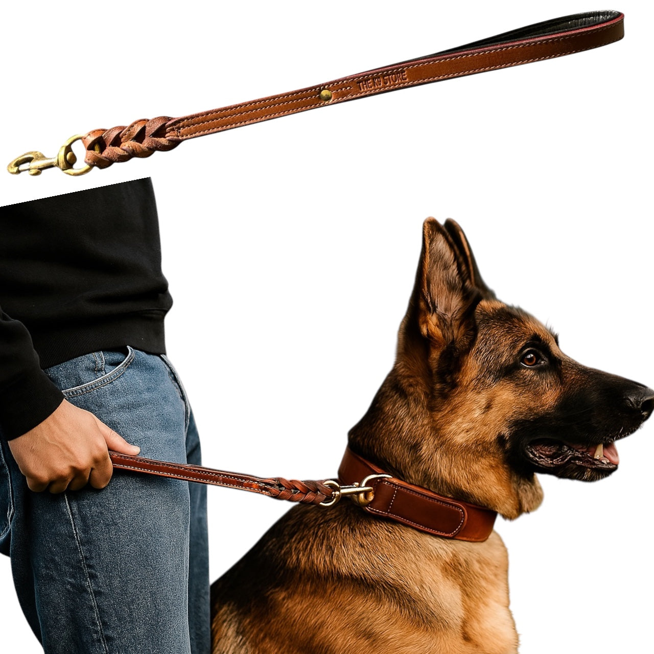 THE K9 STORE Premium 100% Genuine Leather Short Handle for Dogs | Handcrafted 17 Inch Training Leash with Brass Hook | Cushioned Grip | Heavy Duty | 3-Stitched & Hand-Entangled Designs | Tan, Black, Chocolate