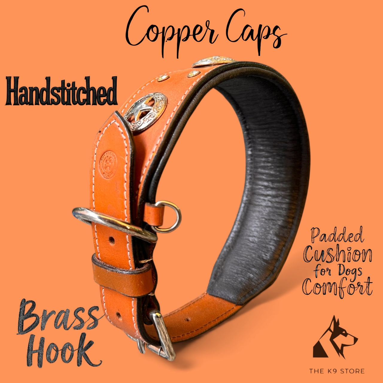THE K9 STORE Premium Handcrafted Leather Dog Collar with Copper Caps & Padded Cushion – 100% Pure Leather, Brass Hook, Luxury Gift Accessory for Dogs