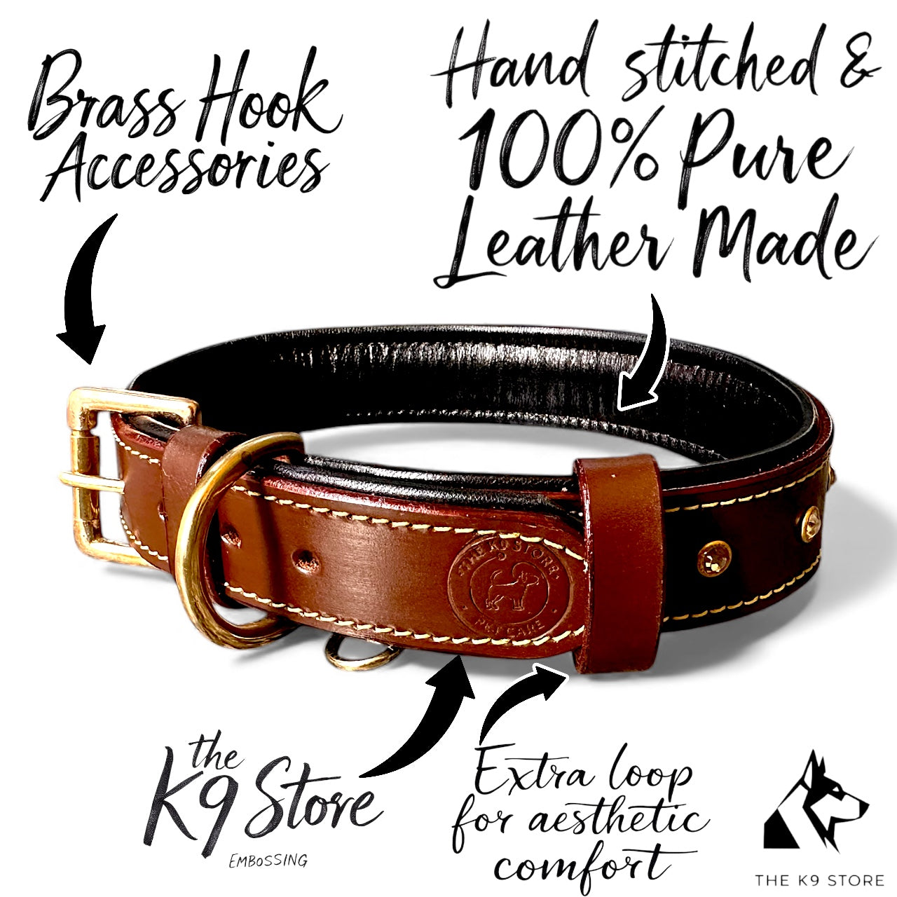 Premium Handstitched Dual Shade Leather Dog Collar with Brass Hardware and Studs | THE K9 STORE