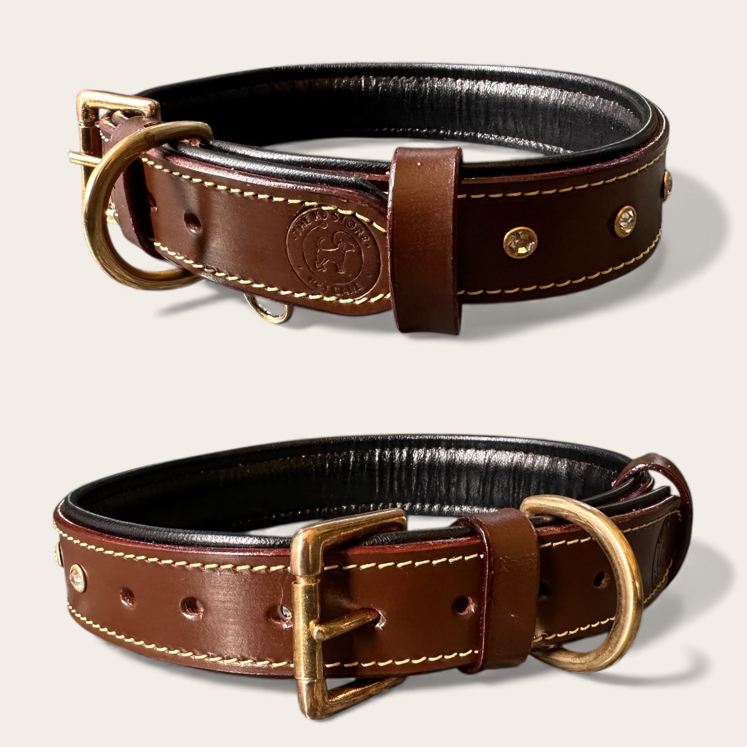 Premium Handstitched Dual Shade Leather Dog Collar with Brass Hardware and Studs | THE K9 STORE