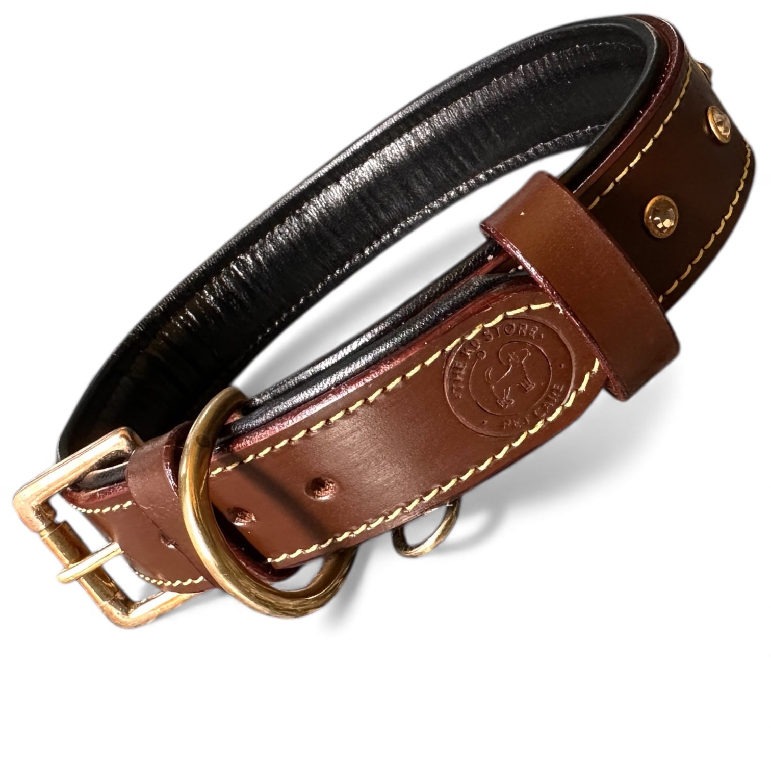 Premium Handstitched Dual Shade Leather Dog Collar with Brass Hardware and Studs | THE K9 STORE