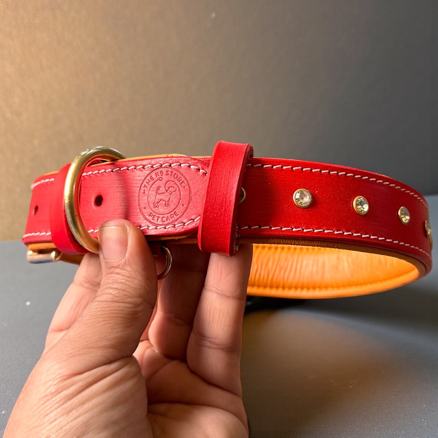 Premium Handstitched Dual Shade Leather Dog Collar with Brass Hardware and Studs | THE K9 STORE