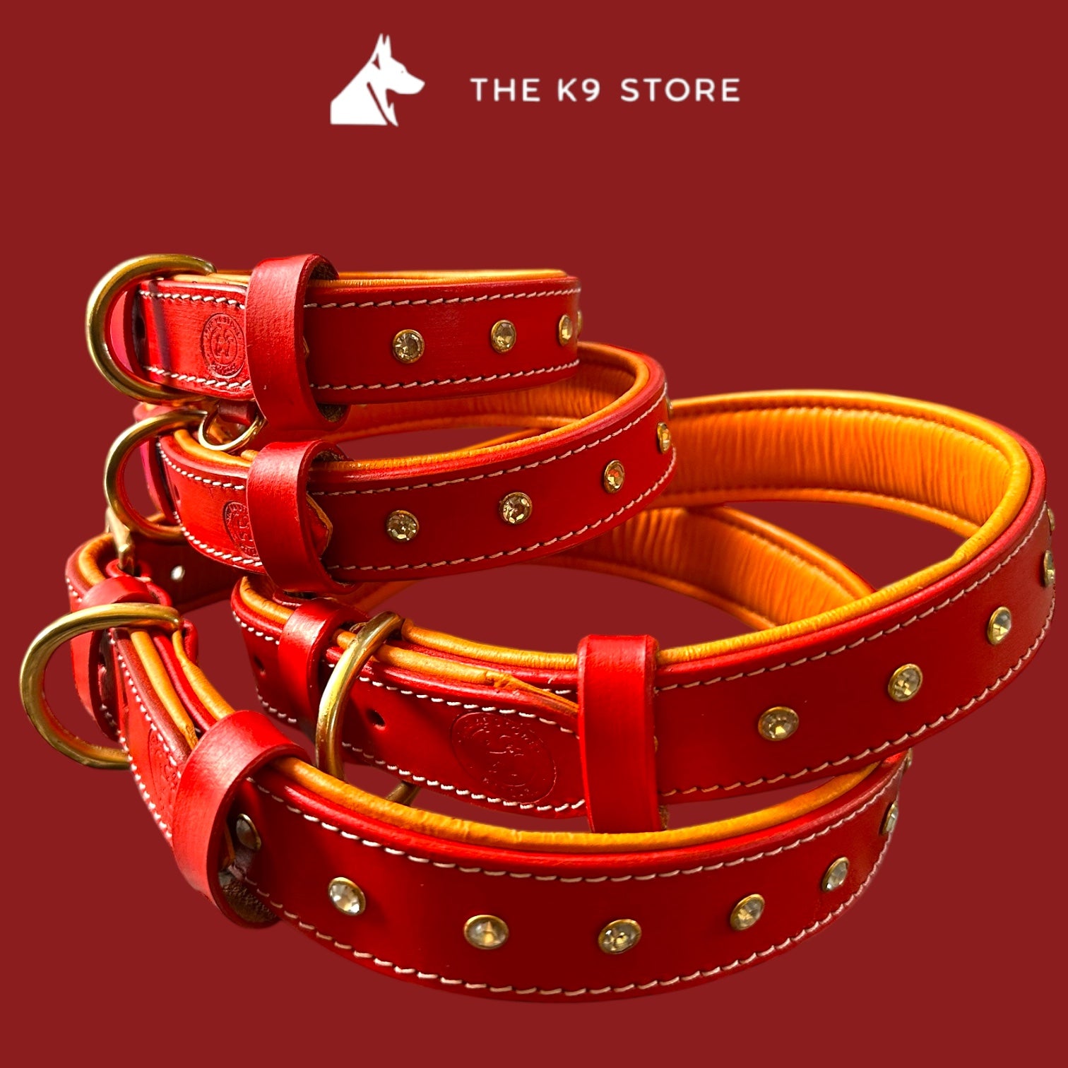 Premium Handstitched Dual Shade Leather Dog Collar with Brass Hardware and Studs | THE K9 STORE
