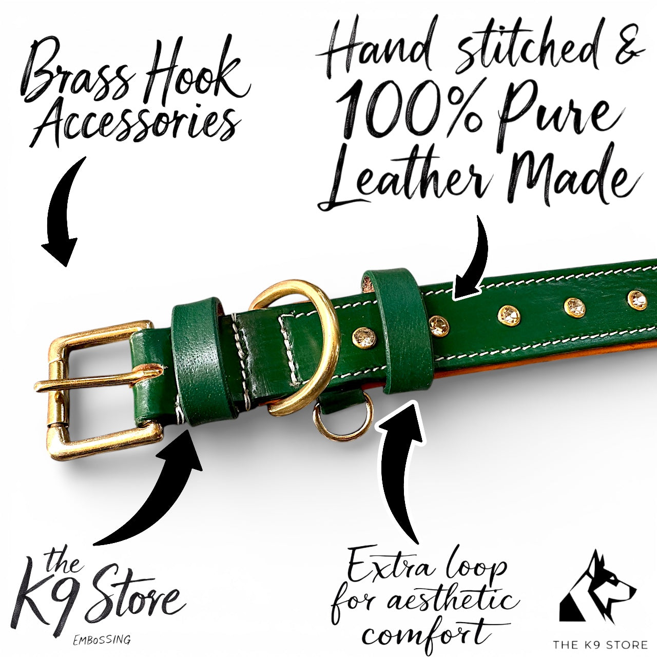 Premium Handstitched Dual Shade Leather Dog Collar with Brass Hardware and Studs | THE K9 STORE