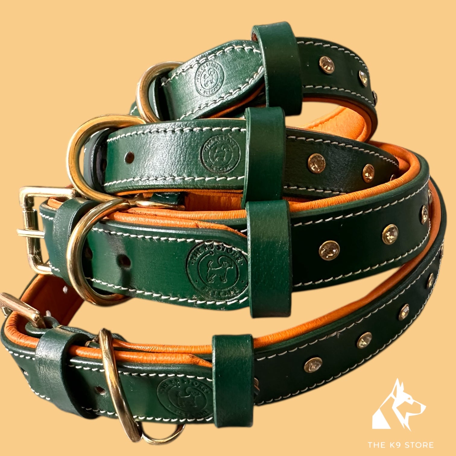 Premium Handstitched Dual Shade Leather Dog Collar with Brass Hardware and Studs | THE K9 STORE