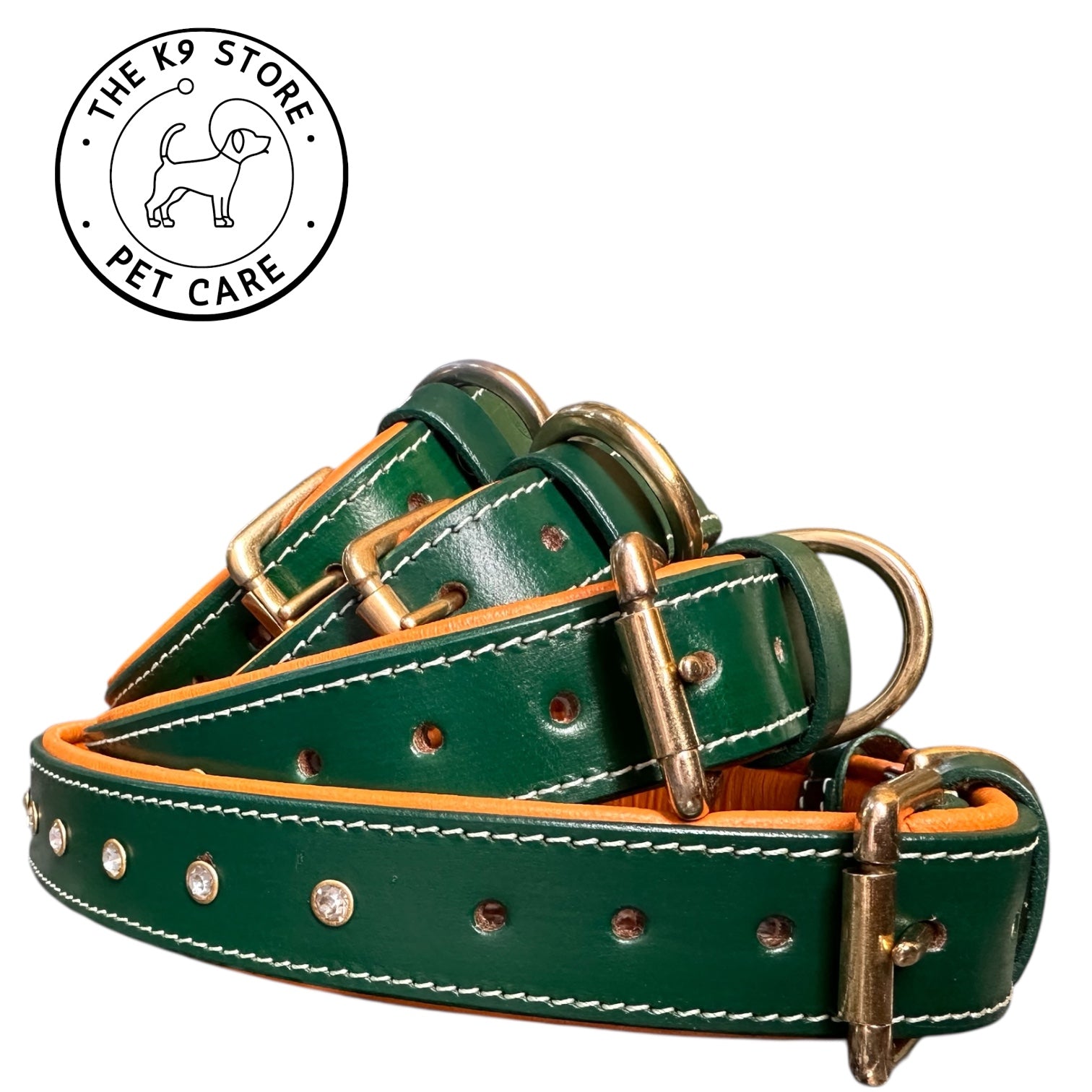 Premium Handstitched Dual Shade Leather Dog Collar with Brass Hardware and Studs | THE K9 STORE
