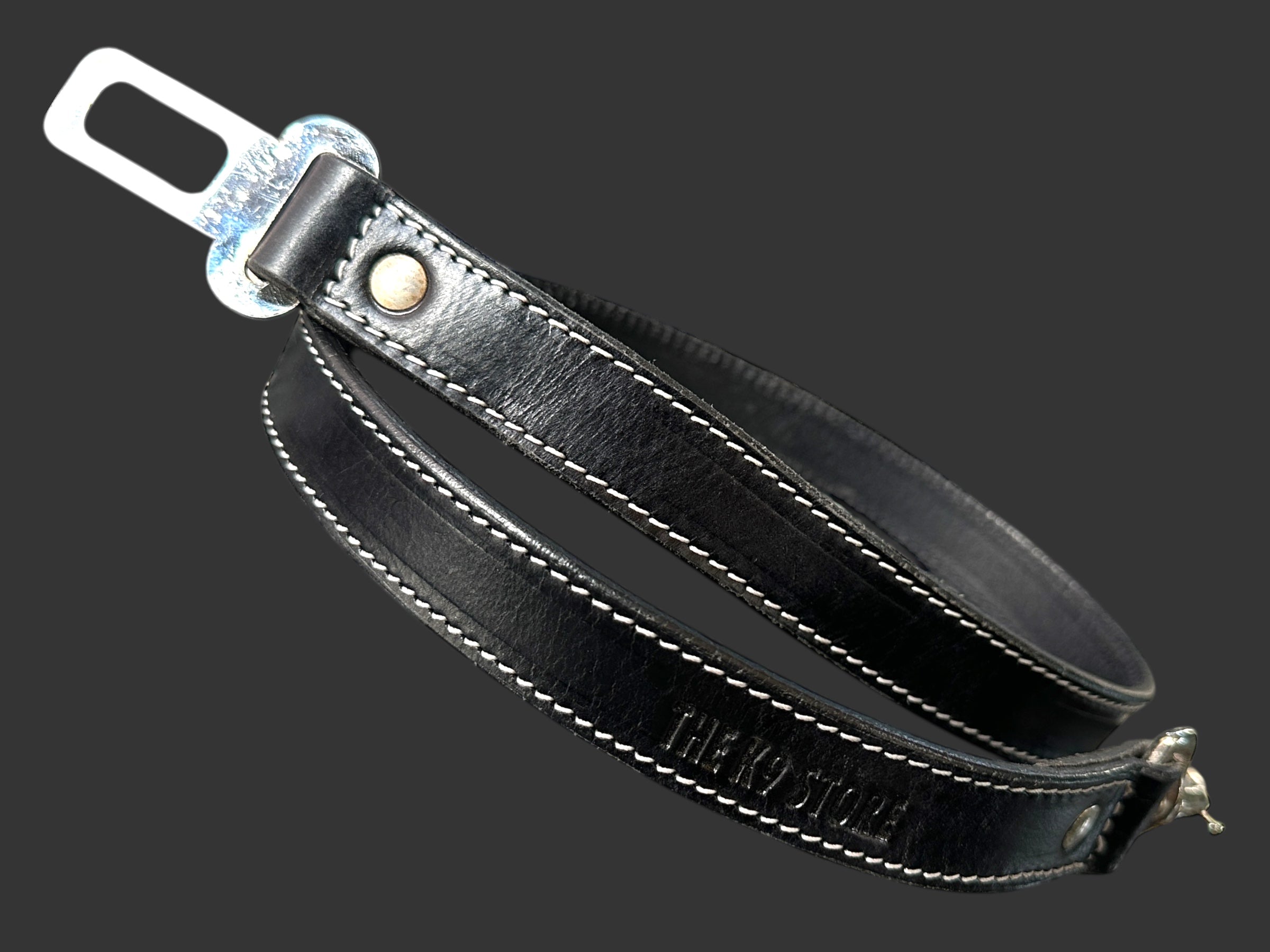 Leather Dog Car Leash With Seat Belt Lock And Hook. 30 Inch. 1 Inch Wide. Chocolate Black Tan. THE K9 STORE