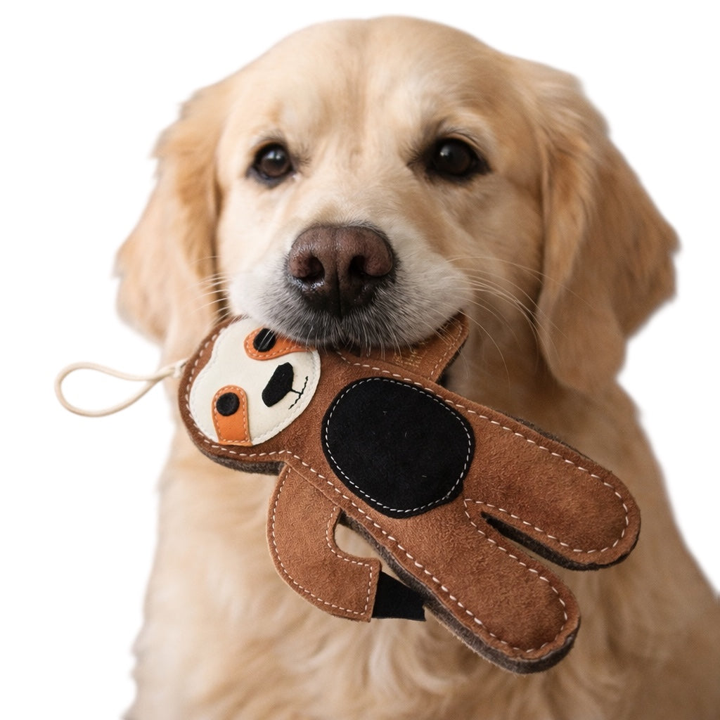 TUFF TOYS Leather Sloth Chew Toy for Dogs | Heavy-Duty Natural Leather & Wool Dental Toy with Cotton Rope | Durable Chew Toy for Medium Dogs by THE K9 STORE