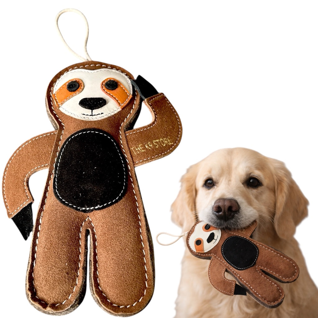 TUFF TOYS Leather Sloth Chew Toy for Dogs | Heavy-Duty Natural Leather & Wool Dental Toy with Cotton Rope | Durable Chew Toy for Medium Dogs by THE K9 STORE