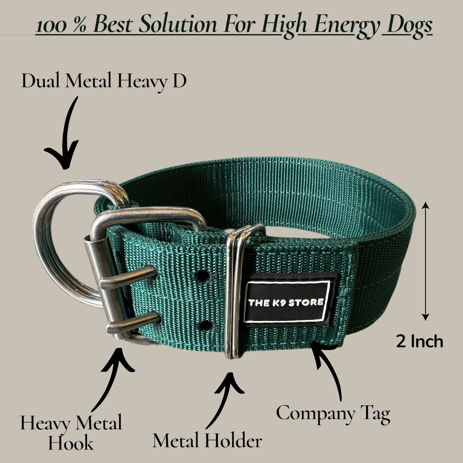 Heavy Duty Dog Collar for Medium & Large Dogs (15–21 Inch Neck) | 2 Inch Wide Nylon K9 Training Collar with Dual Metal D-Ring | Adjustable Strong Pet Collar