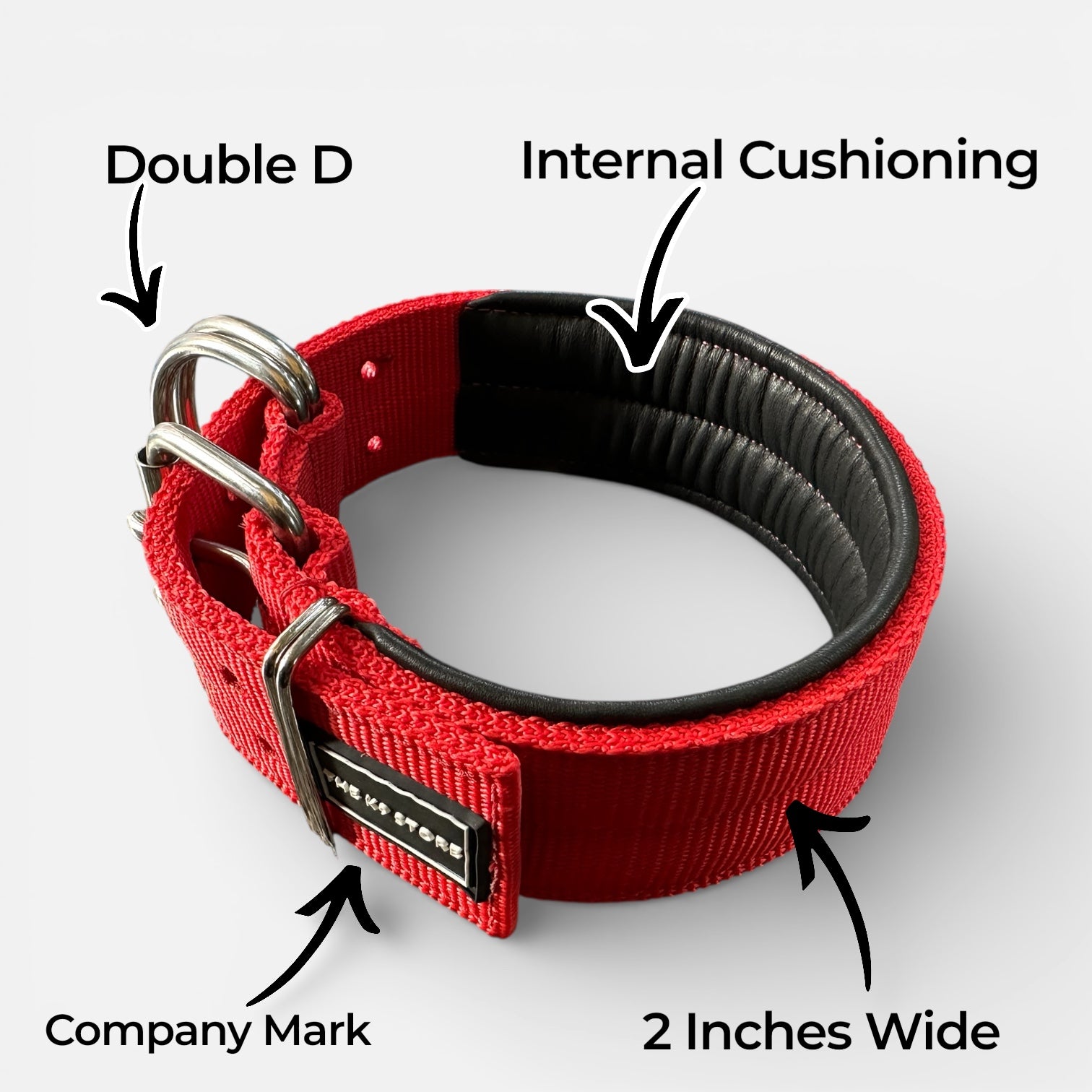 Heavy Duty Dog Collar for Large Dogs | 2 Inch Wide Padded Nylon Collar with Double D-Rings | Red | The K9 Store