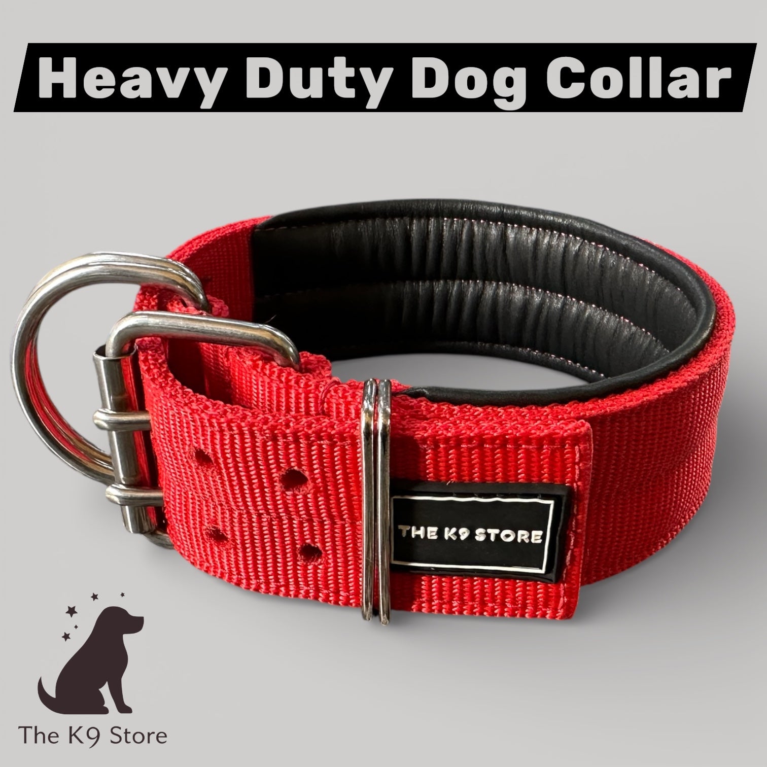 Heavy Duty Dog Collar for Large Dogs | 2 Inch Wide Padded Nylon Collar with Double D-Rings | Red | The K9 Store