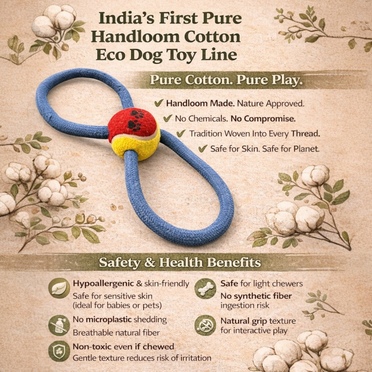 100% Pure Cotton Handloom Dog Toy - Handmade, Durable, Eco-Friendly, 12 Inches Long, Ethical Artisan Craft