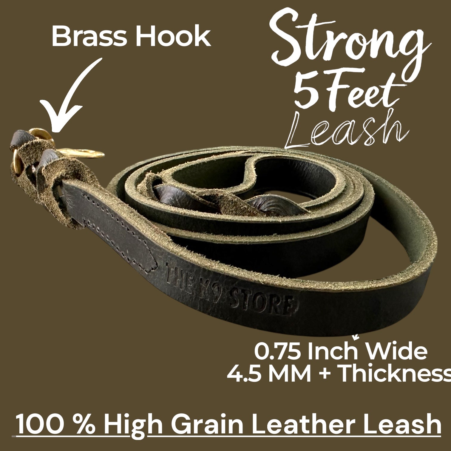 K9 Store Heavy Duty Genuine Leather Dog Leash – 5FT Premium High Grain Leather Lead for Large Dogs up to 75KG – Hand Braided Strong Dog Leash with Solid Brass Hook – Durable Training Walking Leash