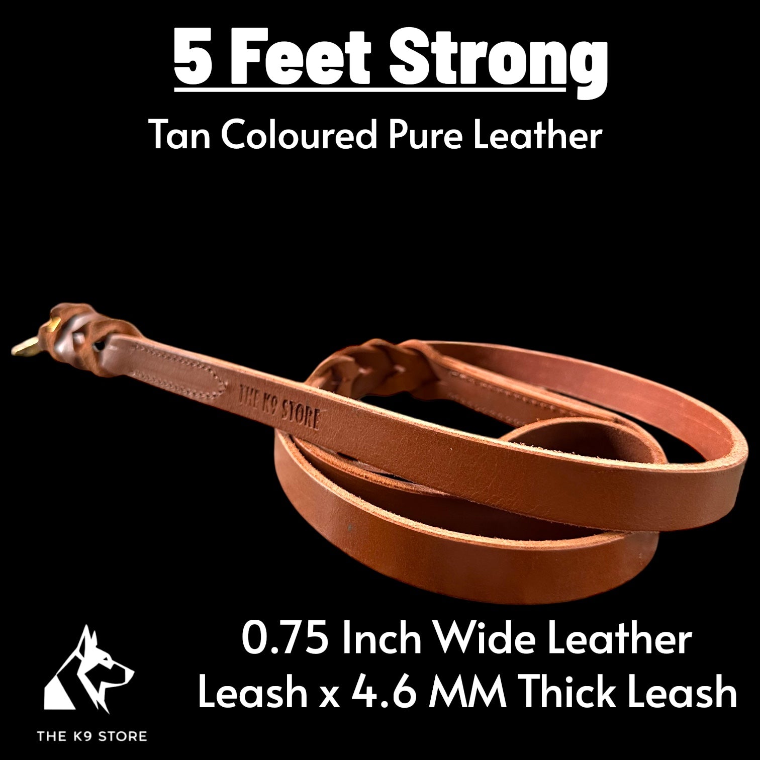 K9 Store Tan Genuine Leather Dog Leash – 5 FT Heavy Duty Full Grain Leather Lead for Large Dogs up to 75KG – Hand Braided Strong Dog Leash with Solid Brass Hook