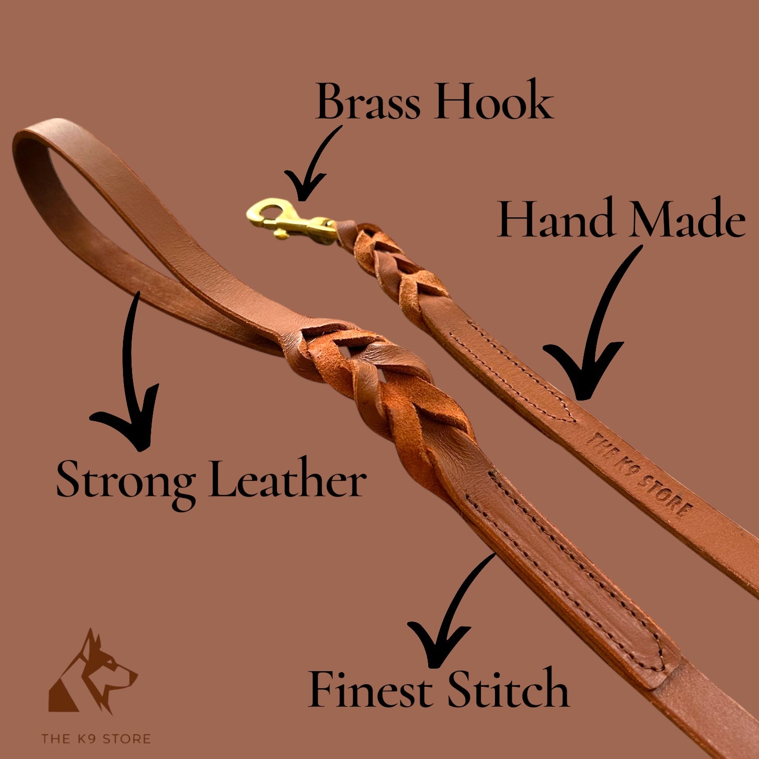 K9 Store Tan Genuine Leather Dog Leash – 5 FT Heavy Duty Full Grain Leather Lead for Large Dogs up to 75KG – Hand Braided Strong Dog Leash with Solid Brass Hook