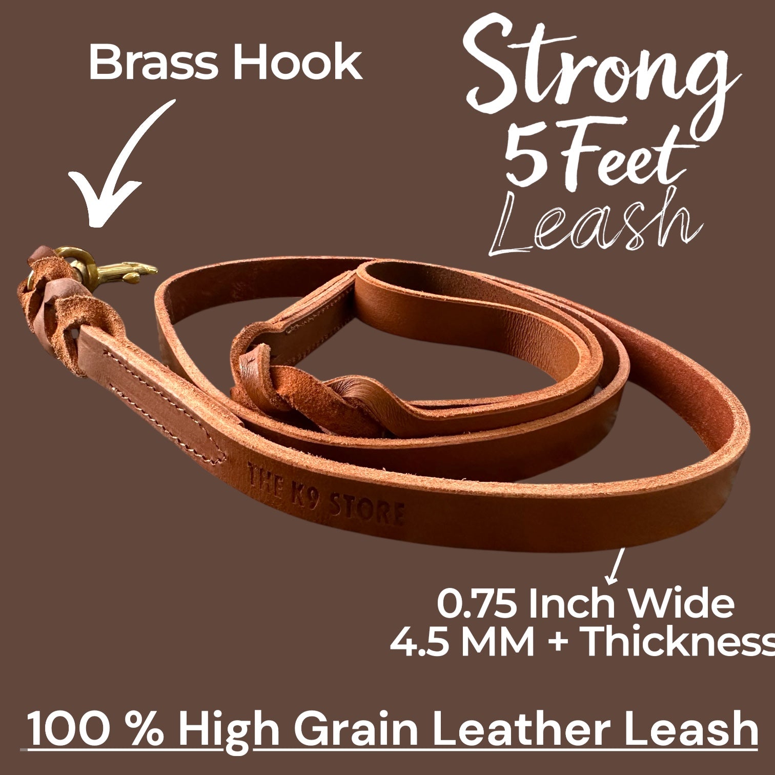 K9 Store Tan Genuine Leather Dog Leash – 5 FT Heavy Duty Full Grain Leather Lead for Large Dogs up to 75KG – Hand Braided Strong Dog Leash with Solid Brass Hook