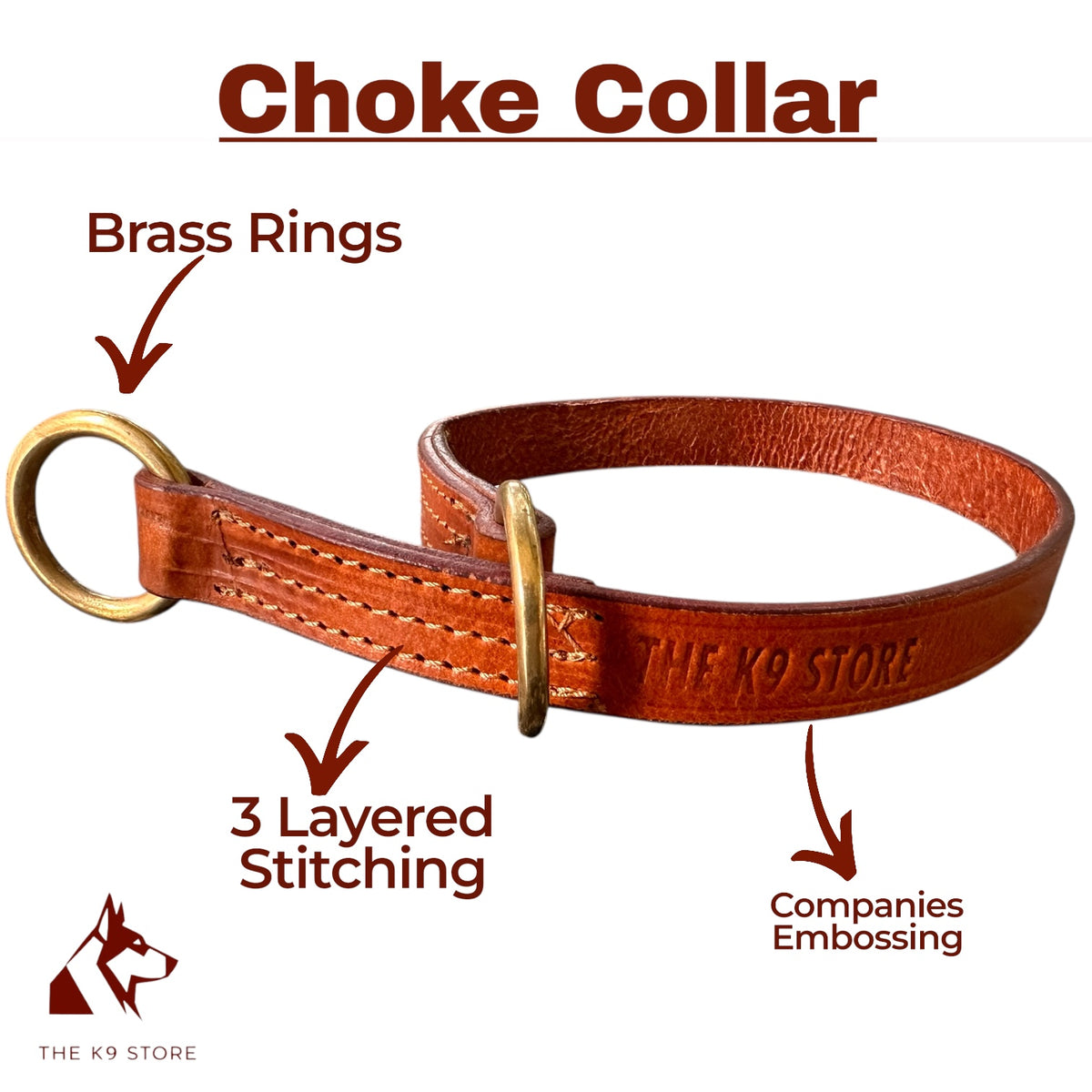 Premium Tan Leather Dog Choke Collar – Solid Brass Rings, Triple-Layer Stitched Training Collar | Durable Leather Control Collar for Dogs | Small, Medium, Large & XL