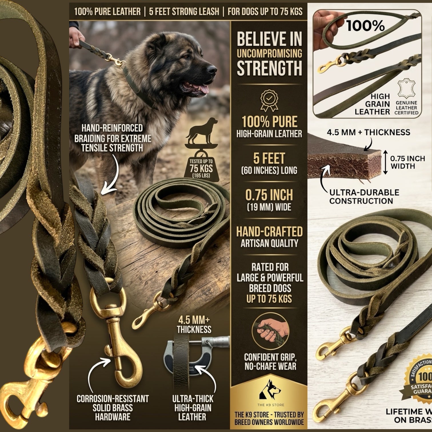 K9 Store Heavy Duty Genuine Leather Dog Leash – 5FT Premium High Grain Leather Lead for Large Dogs up to 75KG – Hand Braided Strong Dog Leash with Solid Brass Hook – Durable Training Walking Leash