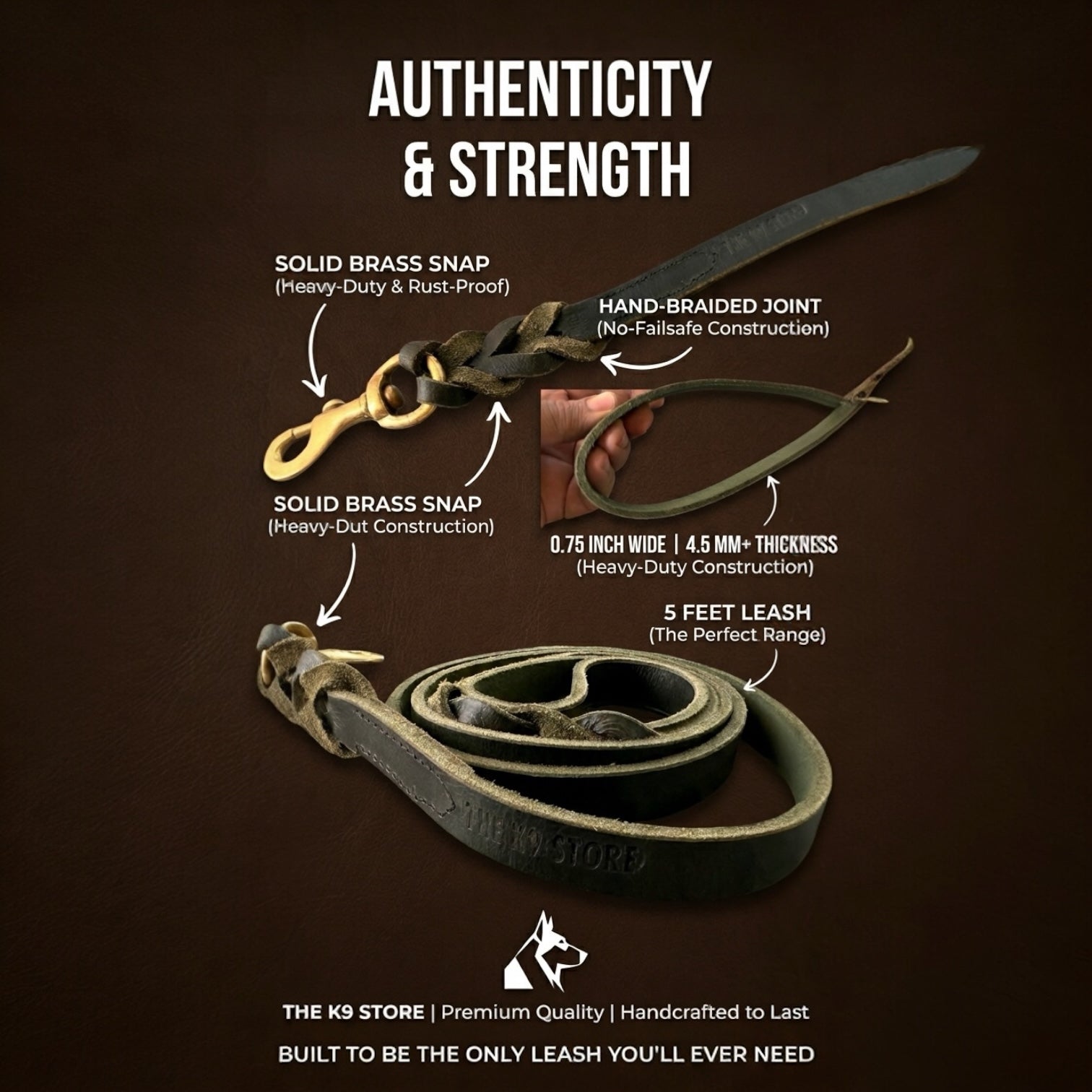 K9 Store Heavy Duty Genuine Leather Dog Leash – 5FT Premium High Grain Leather Lead for Large Dogs up to 75KG – Hand Braided Strong Dog Leash with Solid Brass Hook – Durable Training Walking Leash