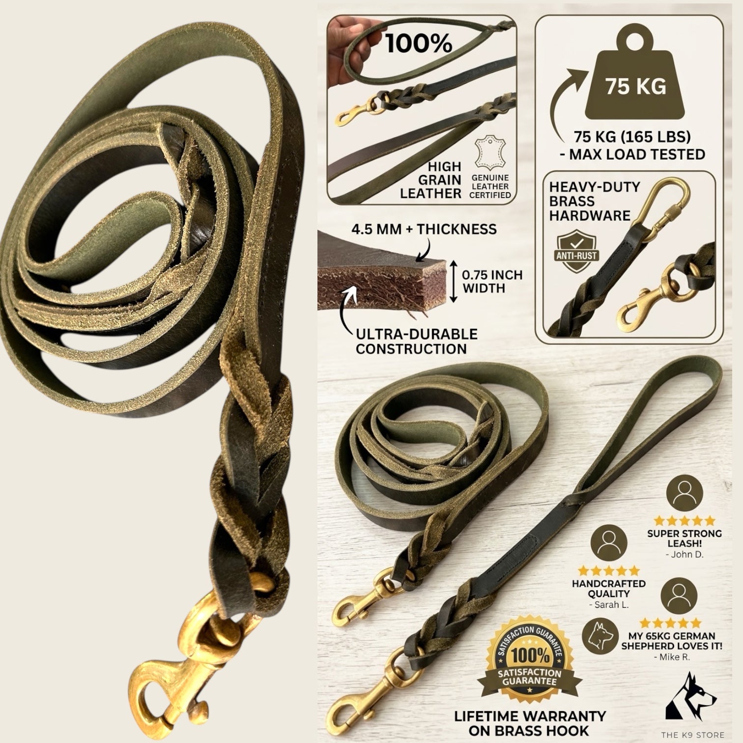 K9 Store Heavy Duty Genuine Leather Dog Leash – 5FT Premium High Grain Leather Lead for Large Dogs up to 75KG – Hand Braided Strong Dog Leash with Solid Brass Hook – Durable Training Walking Leash