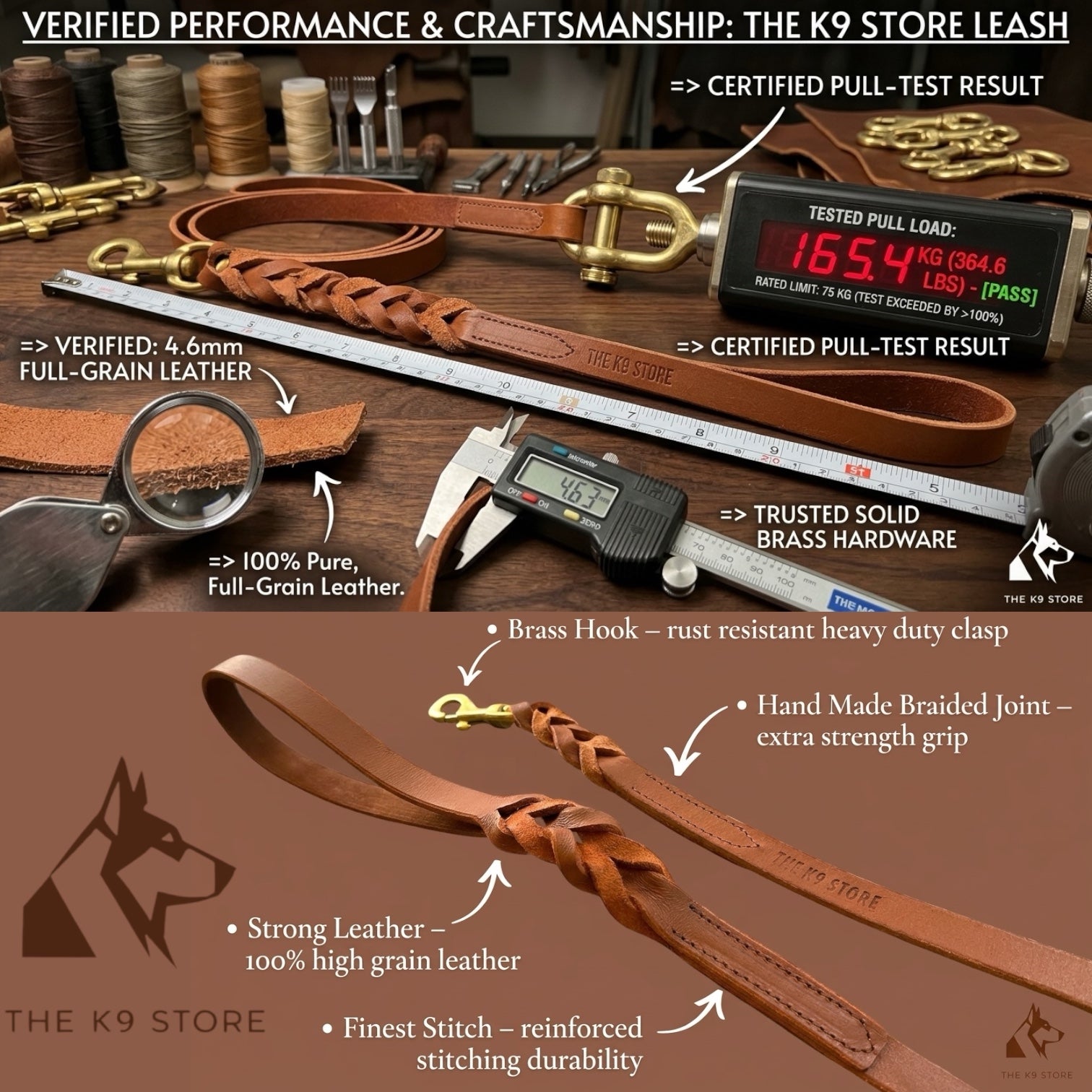 K9 Store Tan Genuine Leather Dog Leash – 5 FT Heavy Duty Full Grain Leather Lead for Large Dogs up to 75KG – Hand Braided Strong Dog Leash with Solid Brass Hook
