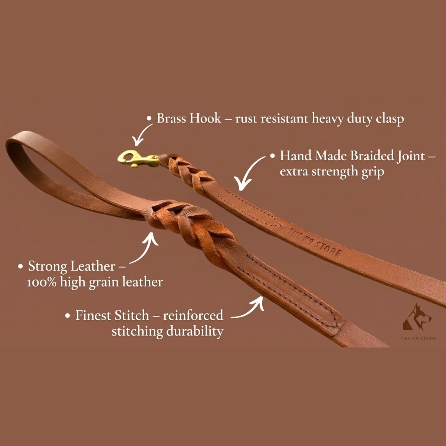 K9 Store Tan Genuine Leather Dog Leash – 5 FT Heavy Duty Full Grain Leather Lead for Large Dogs up to 75KG – Hand Braided Strong Dog Leash with Solid Brass Hook