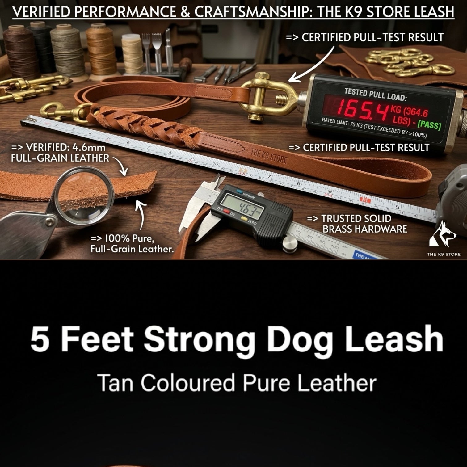 K9 Store Tan Genuine Leather Dog Leash – 5 FT Heavy Duty Full Grain Leather Lead for Large Dogs up to 75KG – Hand Braided Strong Dog Leash with Solid Brass Hook