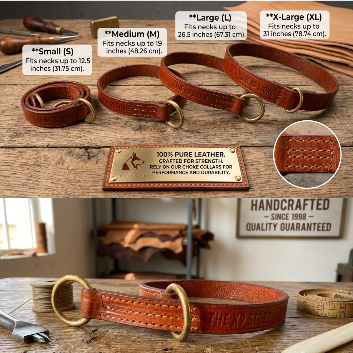 Premium Tan Leather Dog Choke Collar – Solid Brass Rings, Triple-Layer Stitched Training Collar | Durable Leather Control Collar for Dogs | Small, Medium, Large & XL