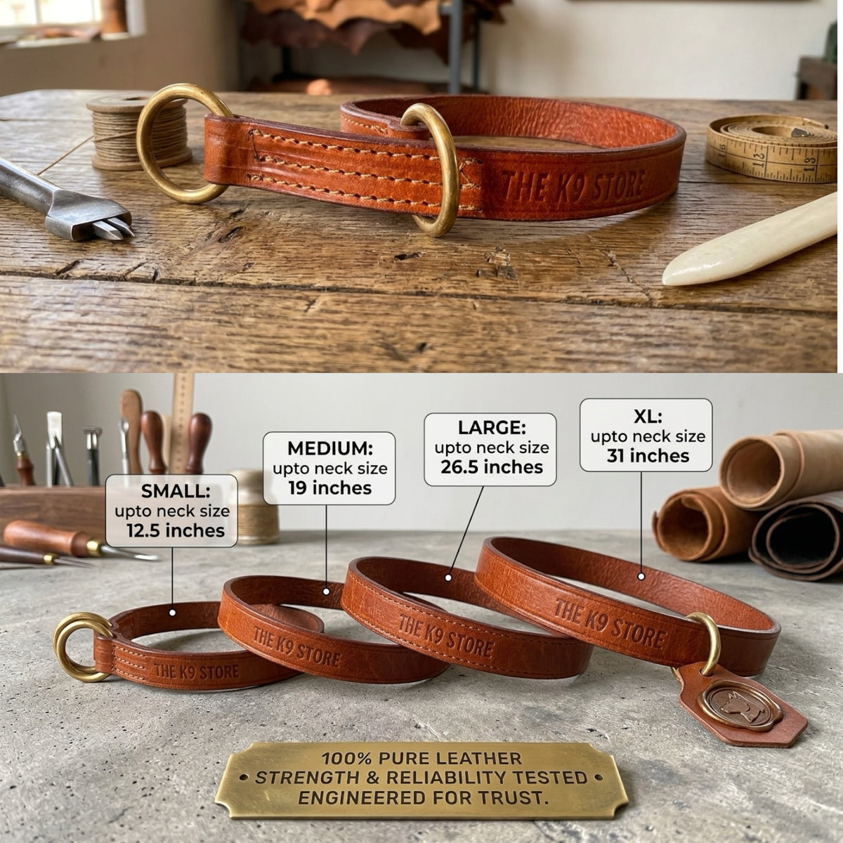 Premium Tan Leather Dog Choke Collar – Solid Brass Rings, Triple-Layer Stitched Training Collar | Durable Leather Control Collar for Dogs | Small, Medium, Large & XL
