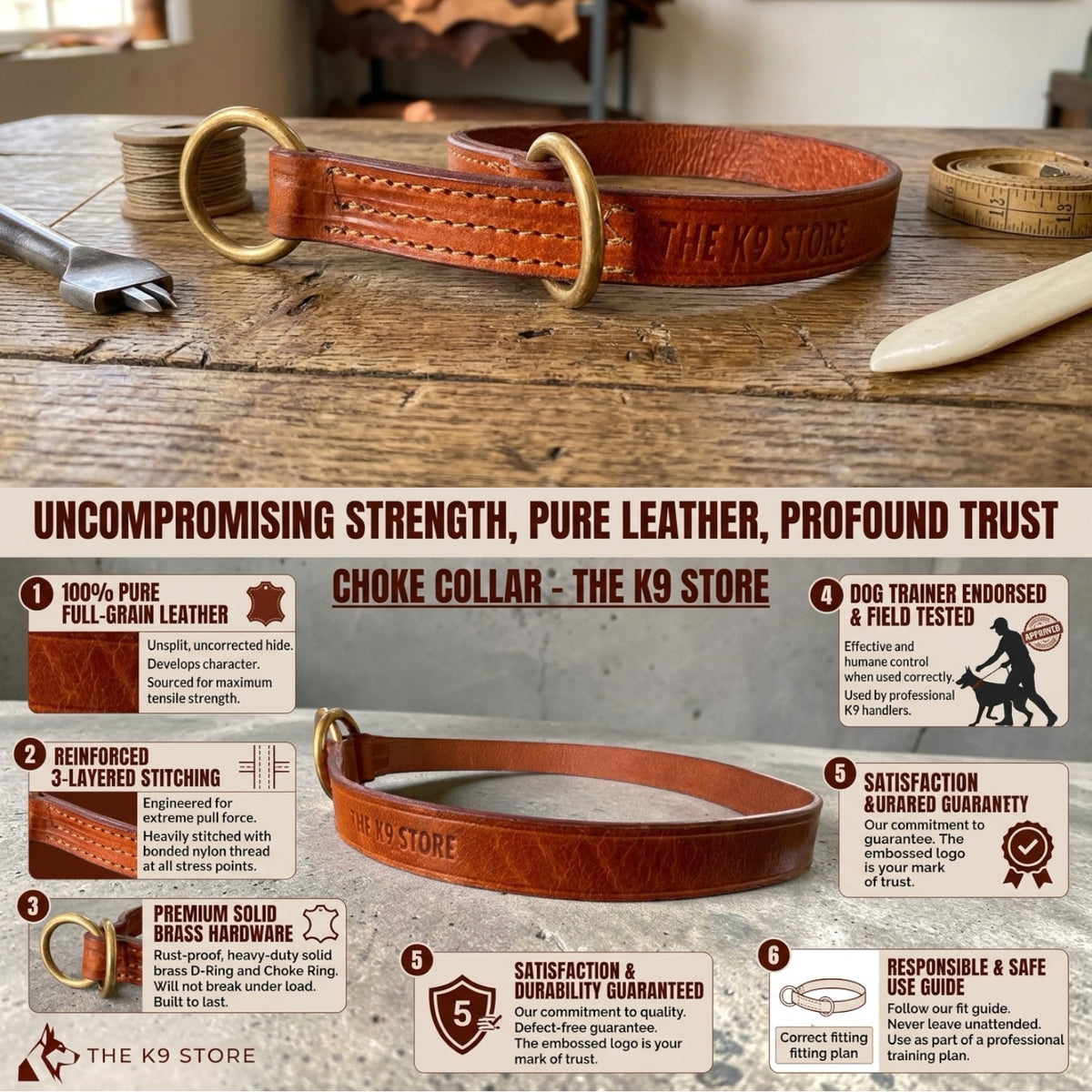 Premium Tan Leather Dog Choke Collar – Solid Brass Rings, Triple-Layer Stitched Training Collar | Durable Leather Control Collar for Dogs | Small, Medium, Large & XL