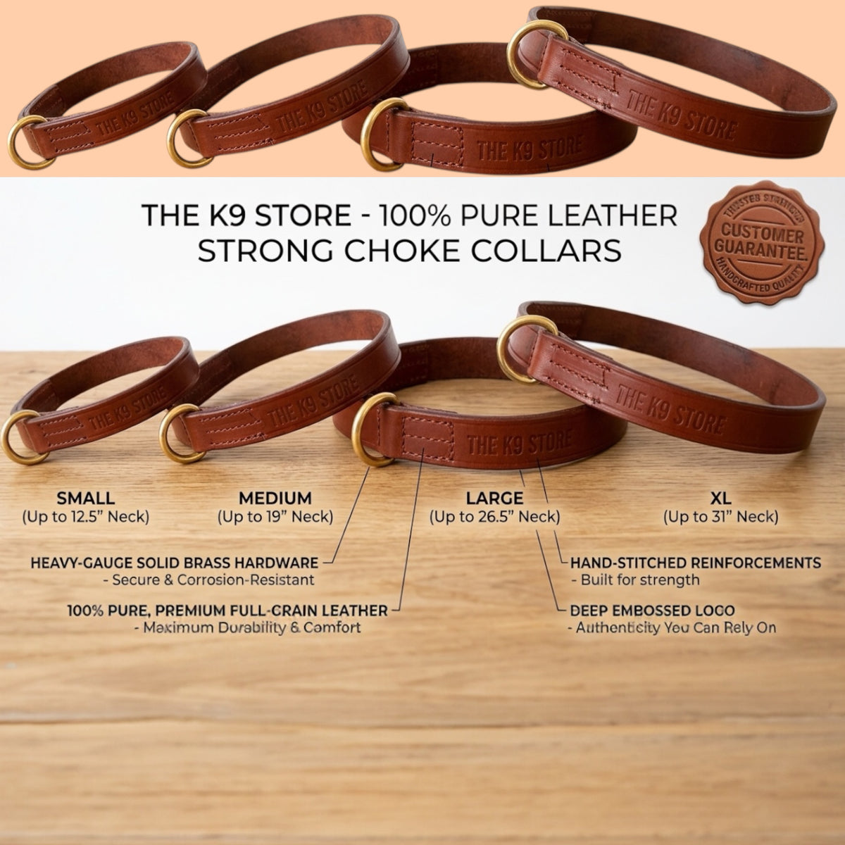 Premium Chocolate Leather Dog Choke Collar – Solid Brass Rings, Triple-Layer Stitched Training Collar | Heavy Duty Leather Control Collar | Small, Medium, Large & XL