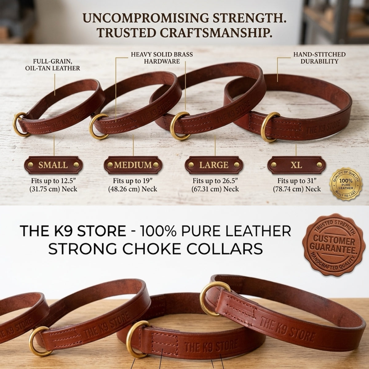 Premium Chocolate Leather Dog Choke Collar – Solid Brass Rings, Triple-Layer Stitched Training Collar | Heavy Duty Leather Control Collar | Small, Medium, Large & XL