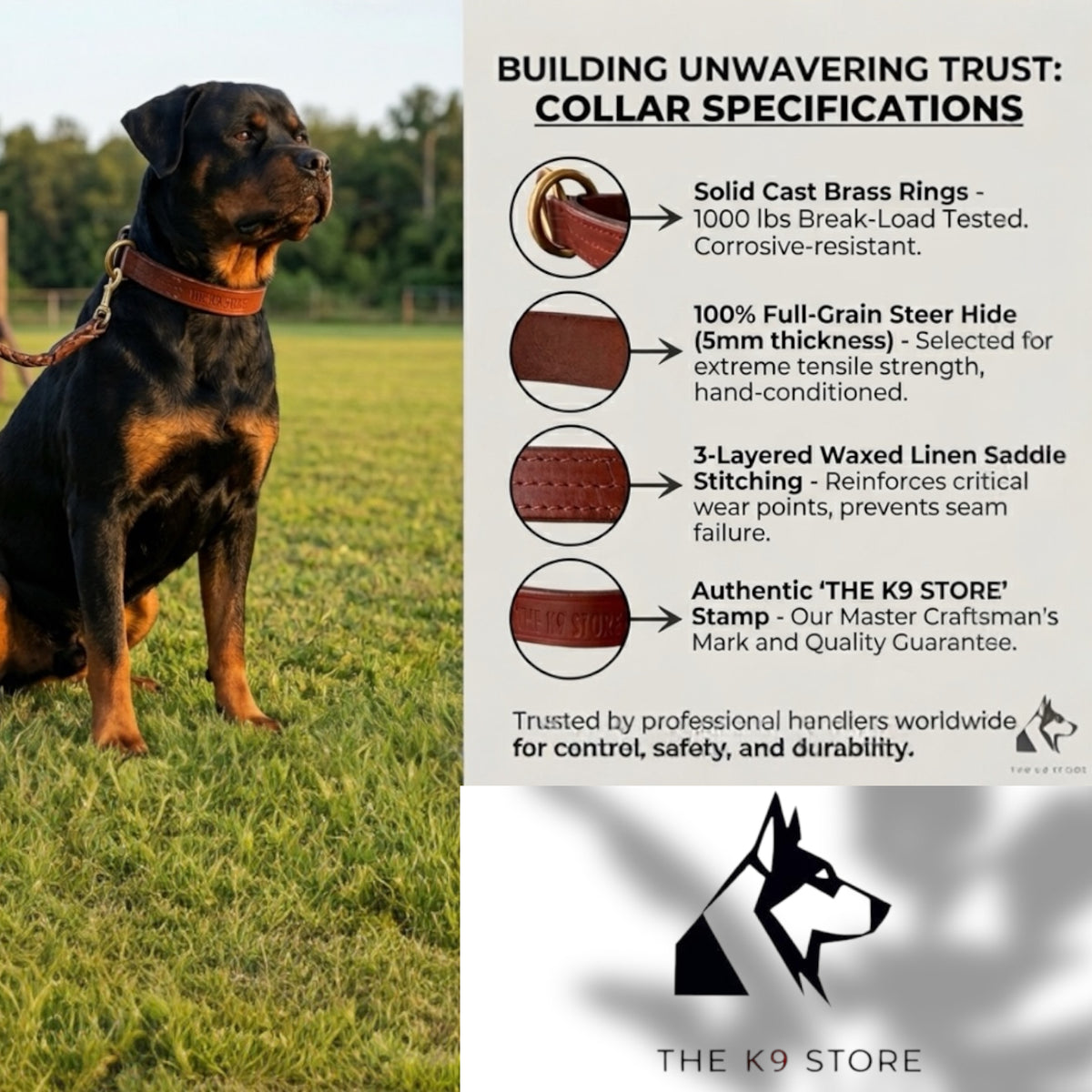 Premium Chocolate Leather Dog Choke Collar – Solid Brass Rings, Triple-Layer Stitched Training Collar | Heavy Duty Leather Control Collar | Small, Medium, Large & XL