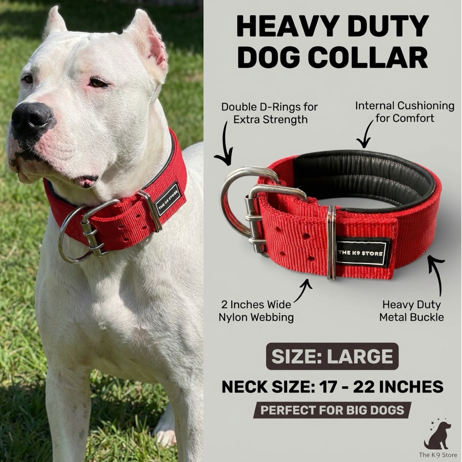Heavy Duty Dog Collar for Large Dogs | 2 Inch Wide Padded Nylon Collar with Double D-Rings | Red | The K9 Store