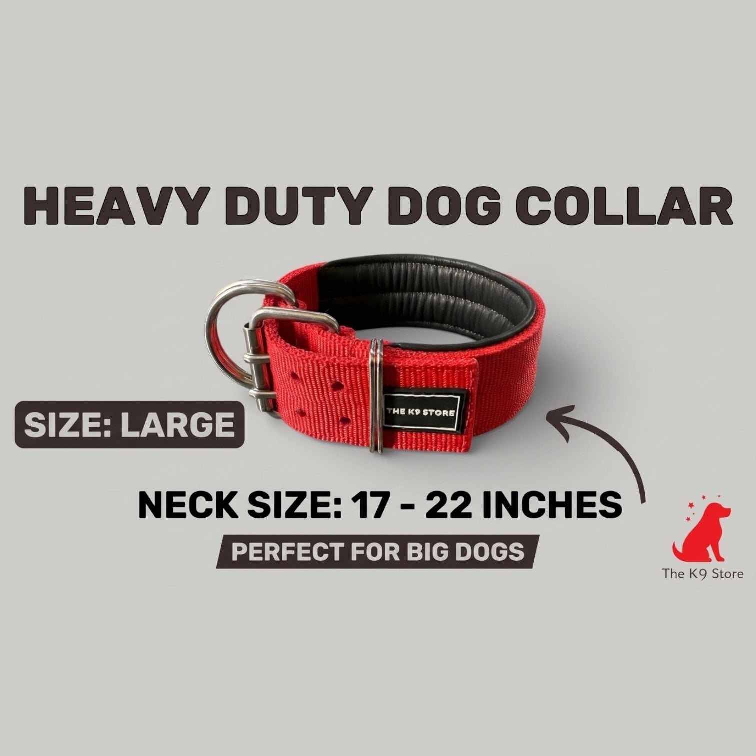 Heavy Duty Dog Collar for Large Dogs | 2 Inch Wide Padded Nylon Collar with Double D-Rings | Red | The K9 Store