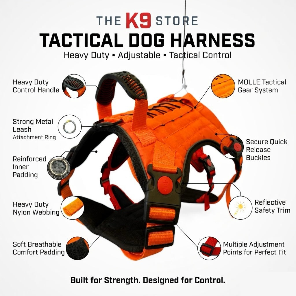 Orange Tactical Dog Harness No Pull | Heavy Duty Adjustable K9 Vest with Handle, Reflective Military Pet Harness for Medium & Large Dogs
