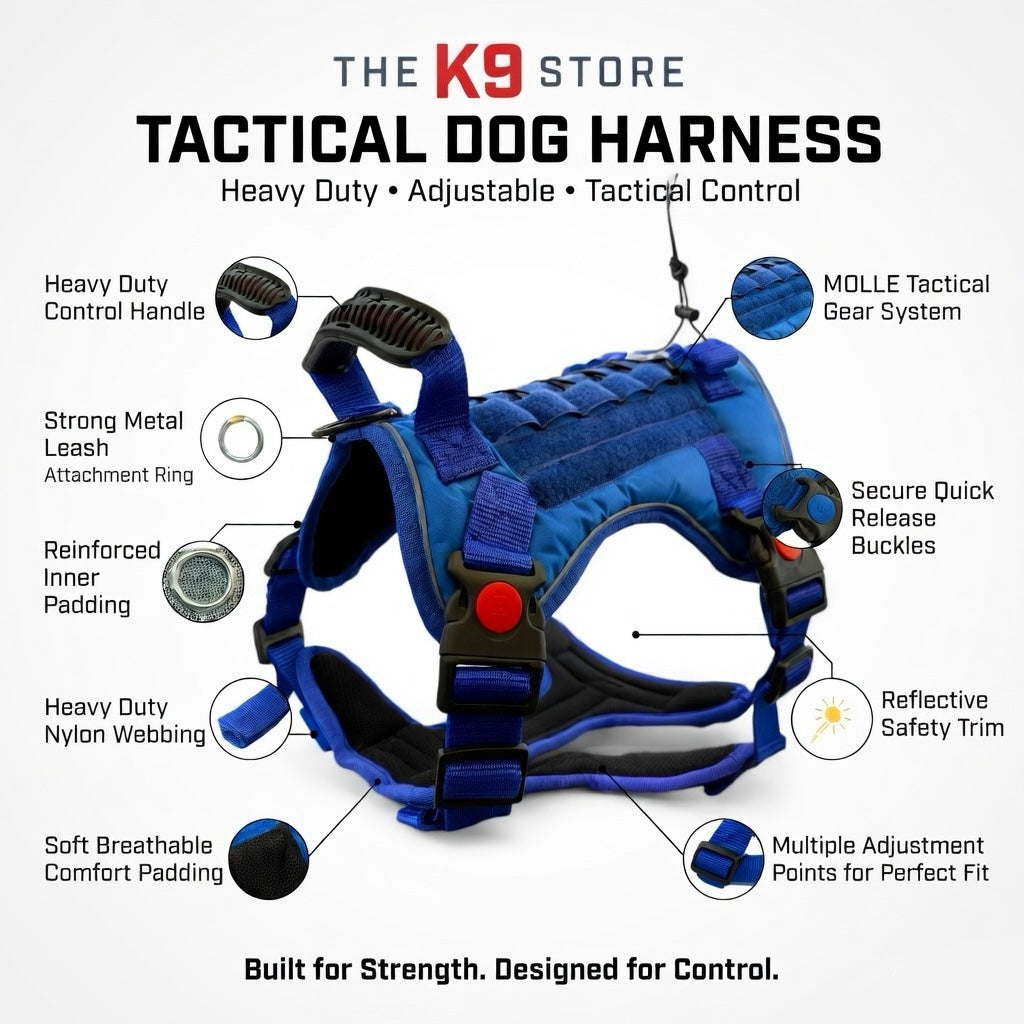 THE K9 STORE Tactical Dog Harness Blue – No Pull Heavy Duty Adjustable Pet Harness with Handle, MOLLE System & Reflective Straps (S–XL)