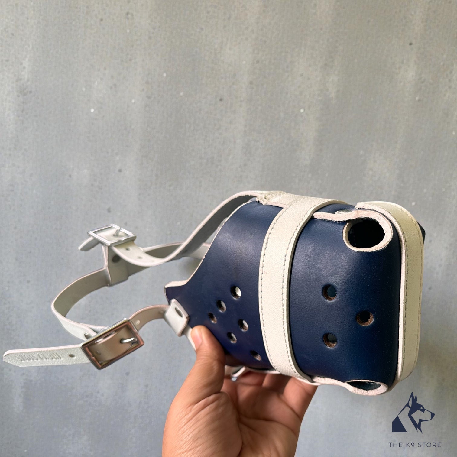 K9 Store Premium Navy Blue Leather Dog Muzzle with Adjustable Straps