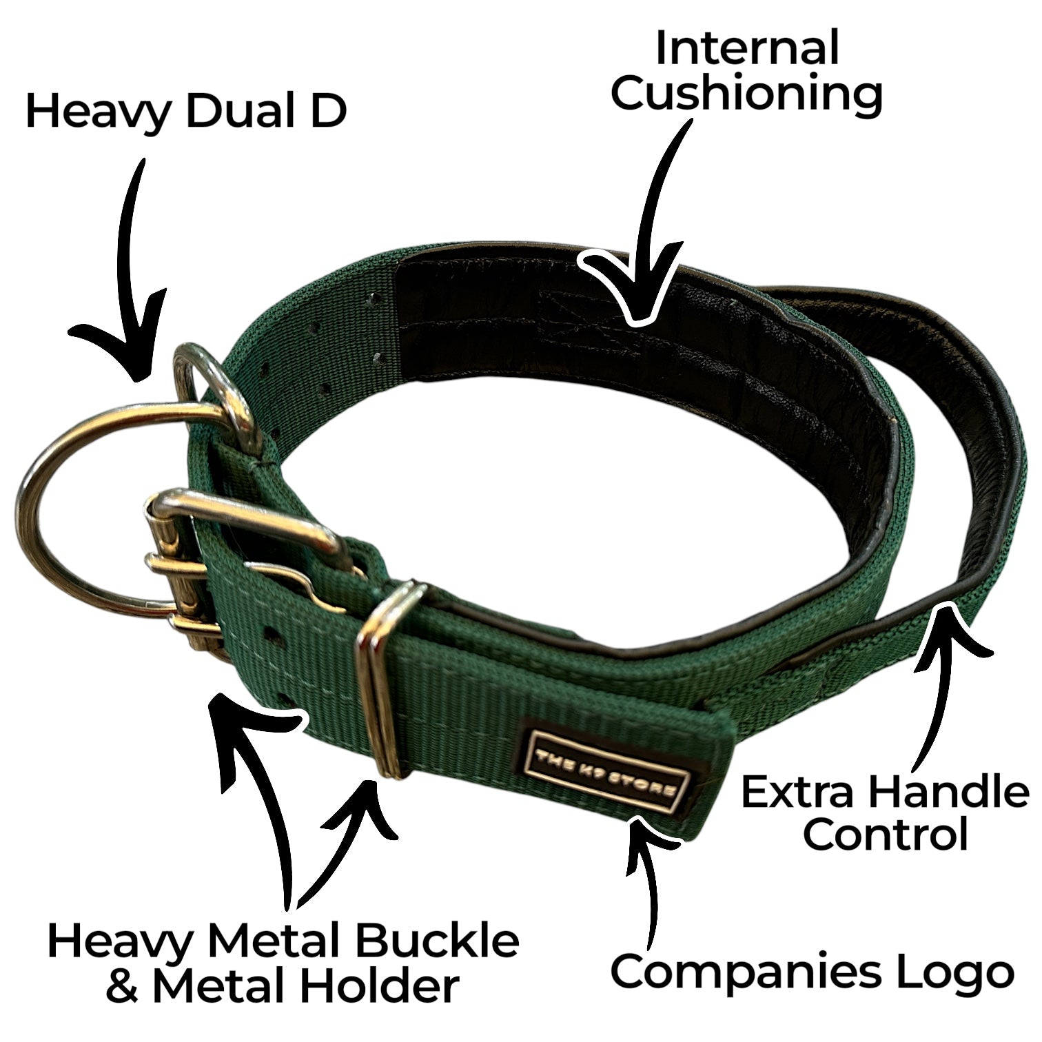 THE K9 STORE Heavy Duty Nylon Dog Collar | 2-Inch Wide | Dual D-Ring | Padded Lining | Control Handle | Reinforced Metal Buckle | Large & XL | Green | The K9 Store