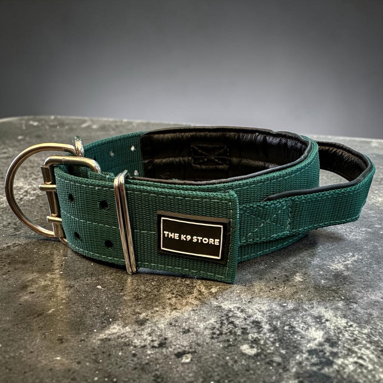 THE K9 STORE Heavy Duty Nylon Dog Collar | 2-Inch Wide | Dual D-Ring | Padded Lining | Control Handle | Reinforced Metal Buckle | Large & XL | Green | The K9 Store